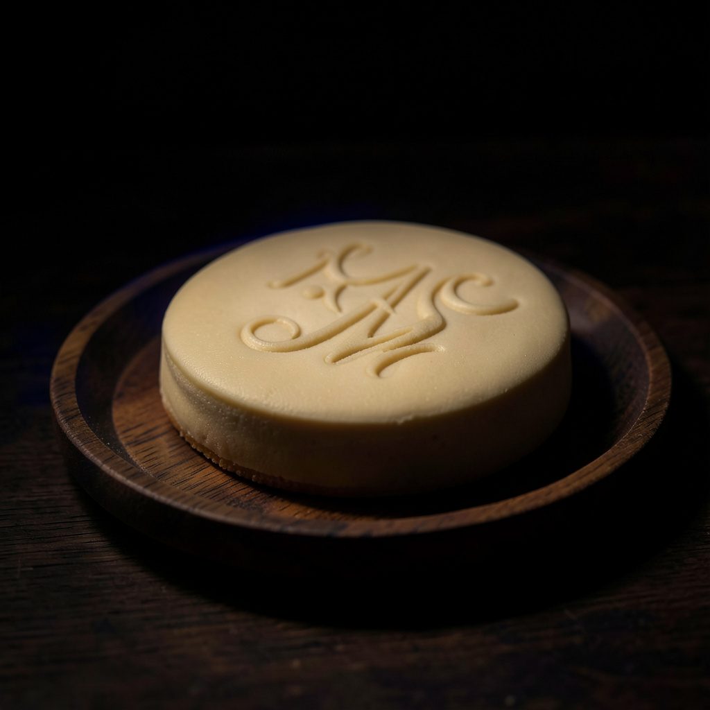 Kue-kue monogram berwarna krem keemasan dengan inisial huruf yang diukir halus, ditata di atas nampan kayu gelap dengan pencahayaan rendah yang hangat.