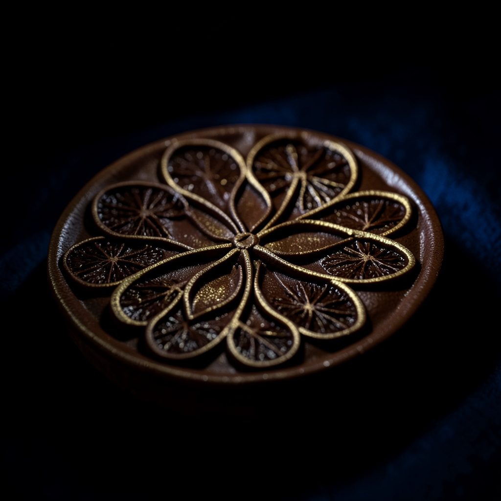 Tart artisan dengan cetakan bunga dan buah di permukaannya, berwarna cokelat keemasan, difoto dalam suasana gelap dengan sorotan cahaya lembut.